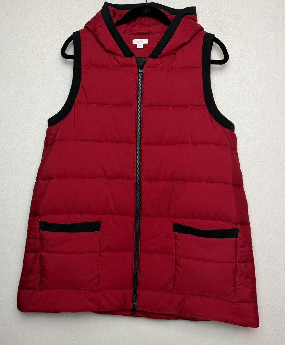 J. Jill Fit Hooded Puffer Vest Red Black Full Zip Women's Size Large Outdoor